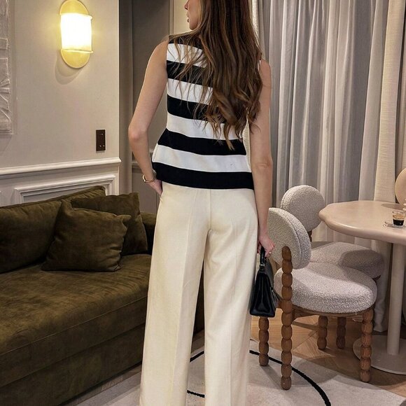 Multicolor Casual Women's Wide Stripe Round Neck button down knit vest top - Picture 2 of 5